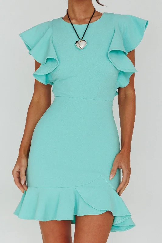 Cupid's Bow Ruffle Shoulder Bodycon Dress Teal