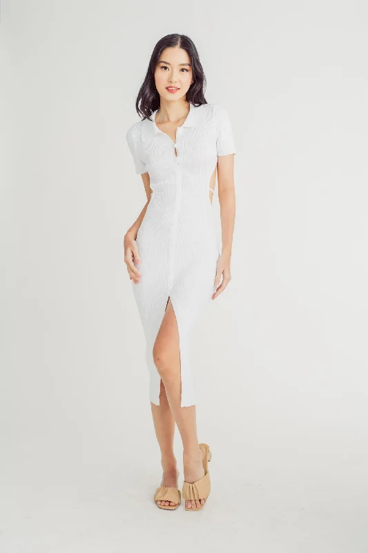 Doralee White Knitted Collar Short Sleeves Buttondown Open Back Bodycon Midi Dress