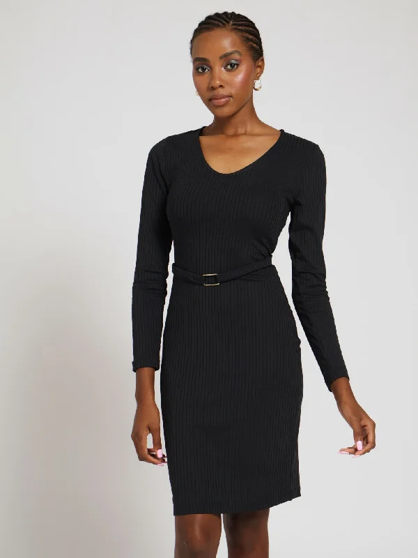 Long Sleeve Belted Trim Short Bodycon Dress - Black