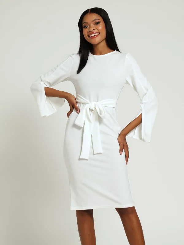 Long Sleeve Flare Slit Sleeve Bodycon Dress - Cream