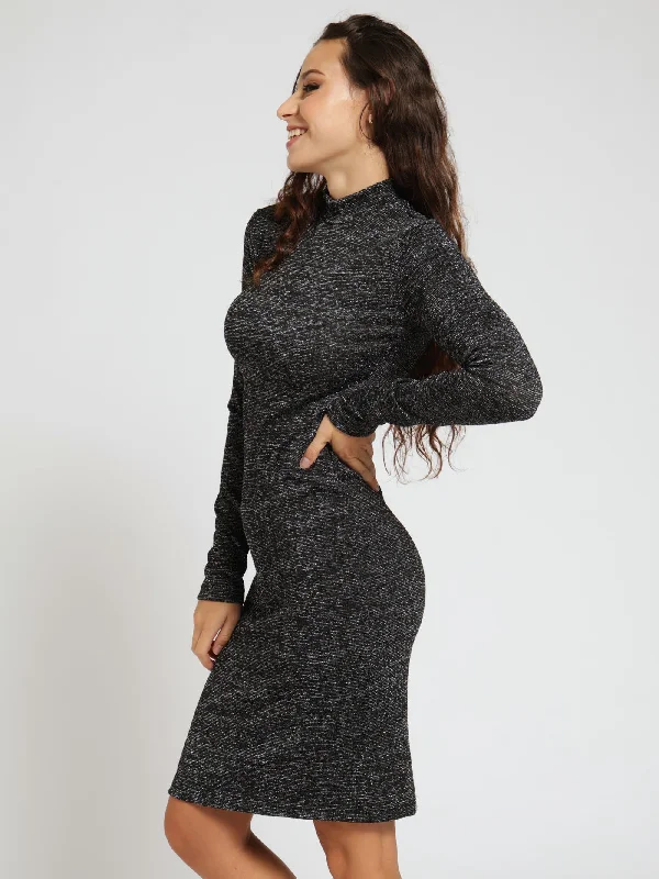 Long Sleeve Lurex Bodycon Dress - Black