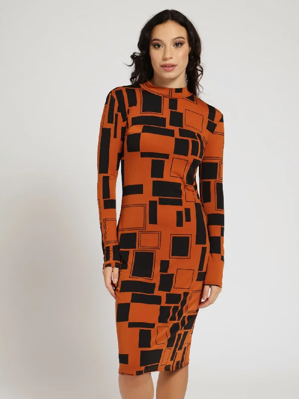 Long Sleeve Print Bodycon Dress - Black/Brown