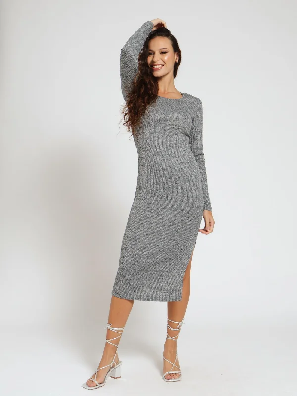 Long Sleeve Rib Midi Bodycon Dress - Grey Melange