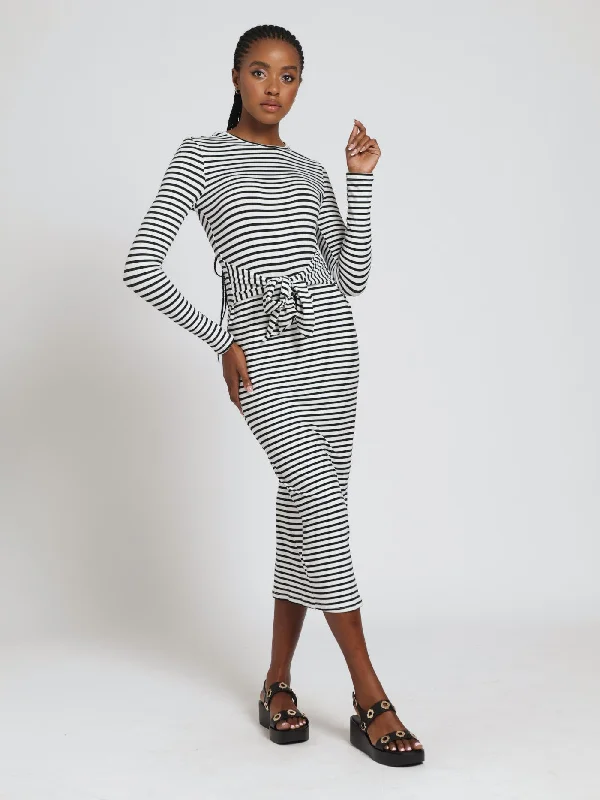 Long Sleeve Stripe Belted Bodycon Dress - Black/White