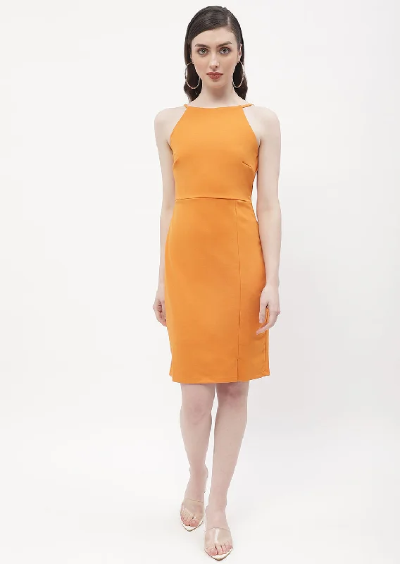 Madame Solid Orange Halter Neck Bodycon Dress