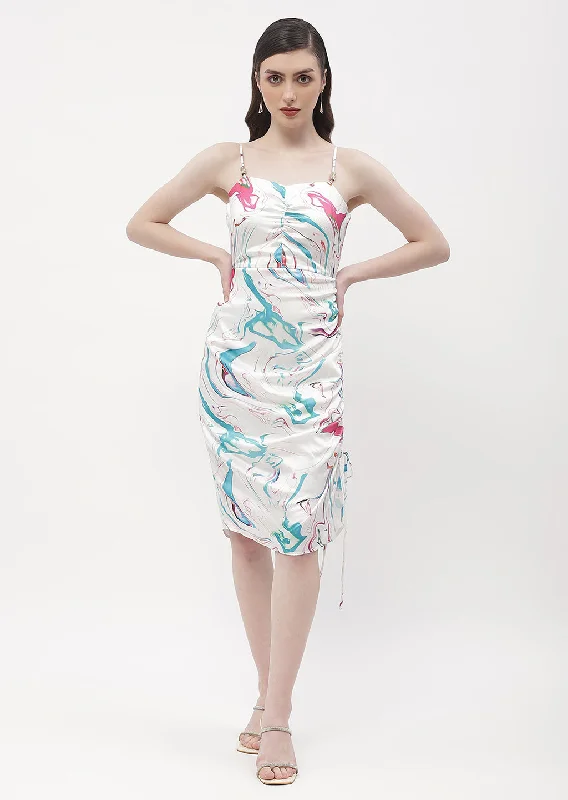 Madame Abstract Print Off-White Drawstring  Bodycon Dress