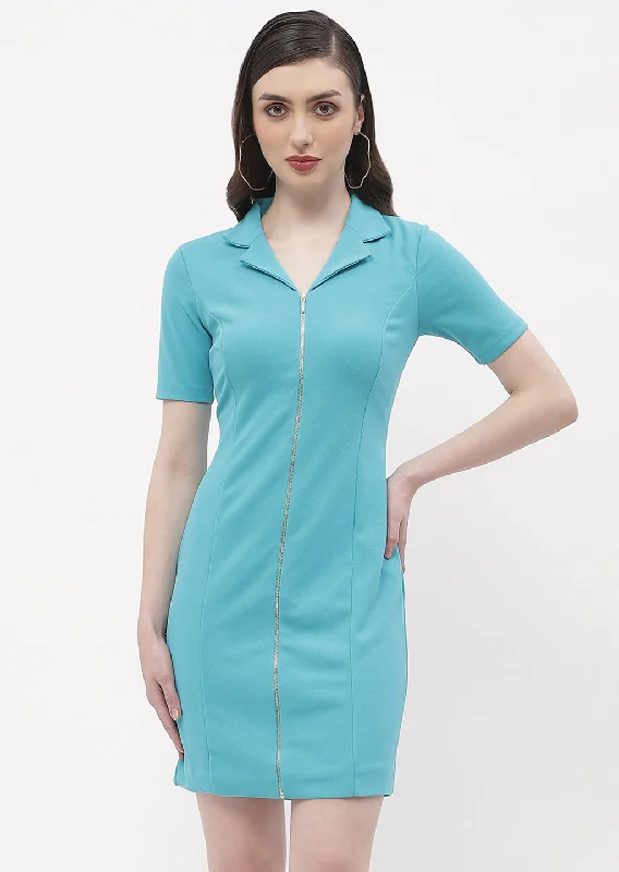 Madame Lapel Collar Aqua Blue Zipper Bodycon Dress