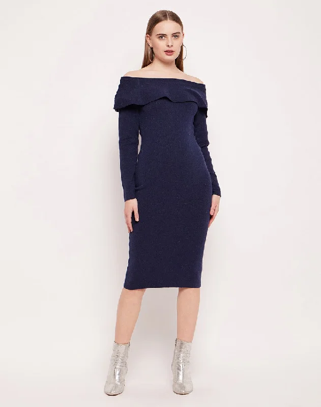 Madame Off- Shoulder Navy Blue Bodycon Dress