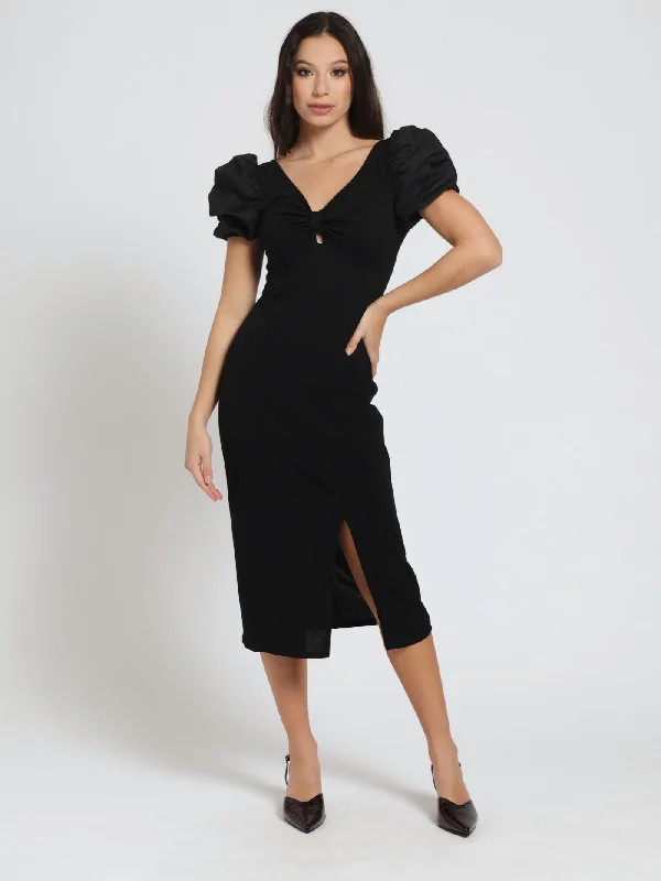 Poplin Puff Sleeve Combo Bodycon Dress - Black