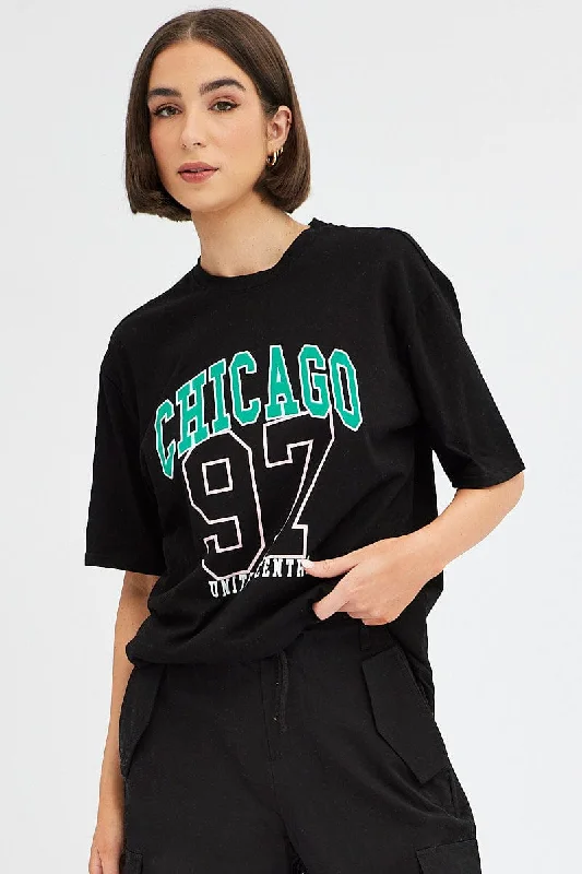 Black Chicago Tee Short Sleeve  Round Neck Embroidered