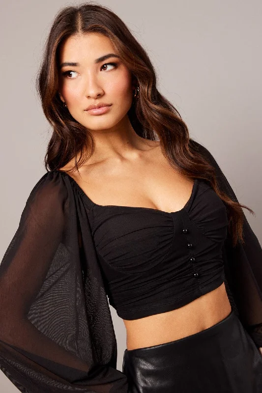 Black Crop Top Long Sleeve Ruched