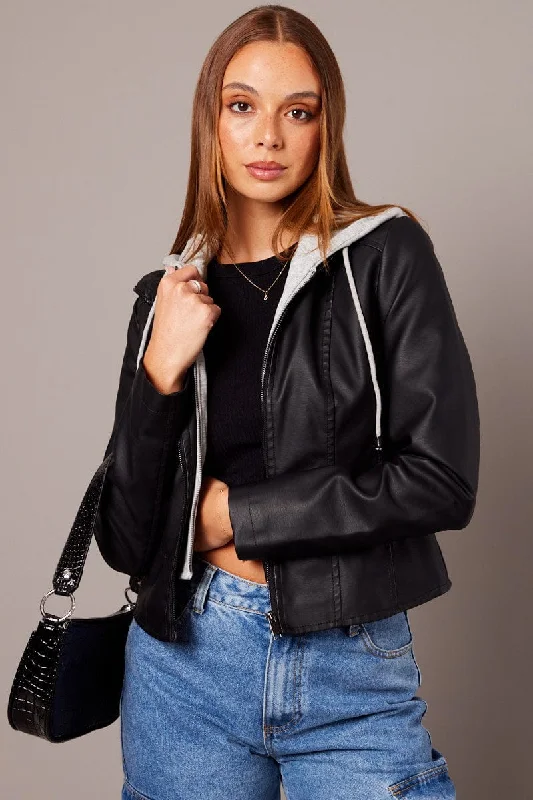 Black Faux Leather Jacket Long Sleeve Hoodie