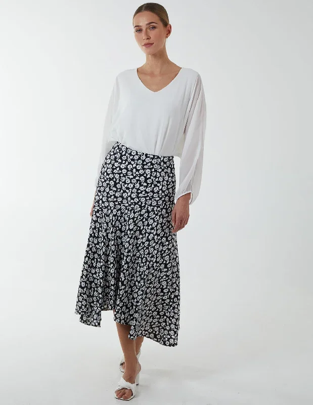 Floral Print Asymmetric Midi Skirt