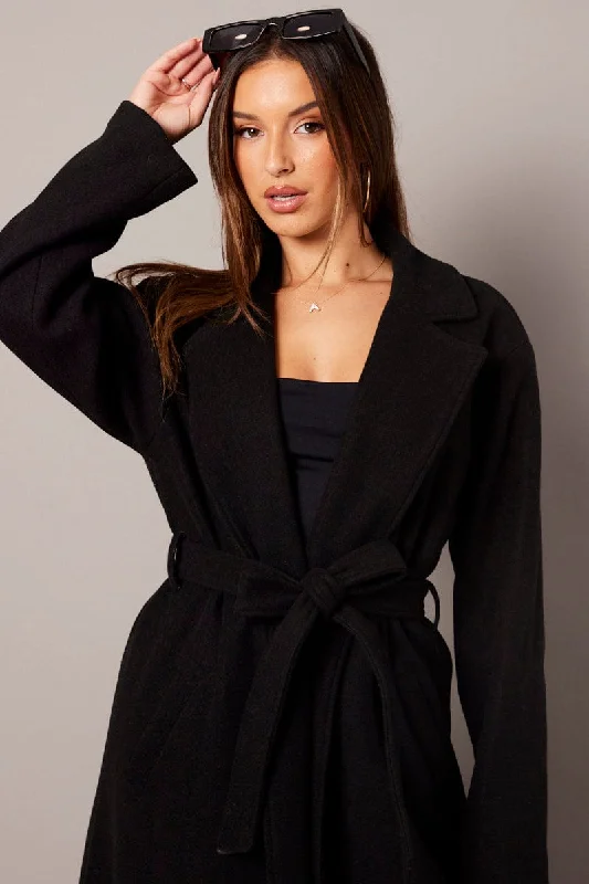 Black Long Coat Long Sleeve Tie Front