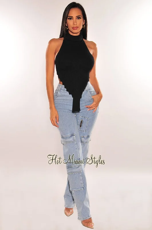 black-ribbed-knit-turtleneck-sleeveless-asymmetrical-crop-top