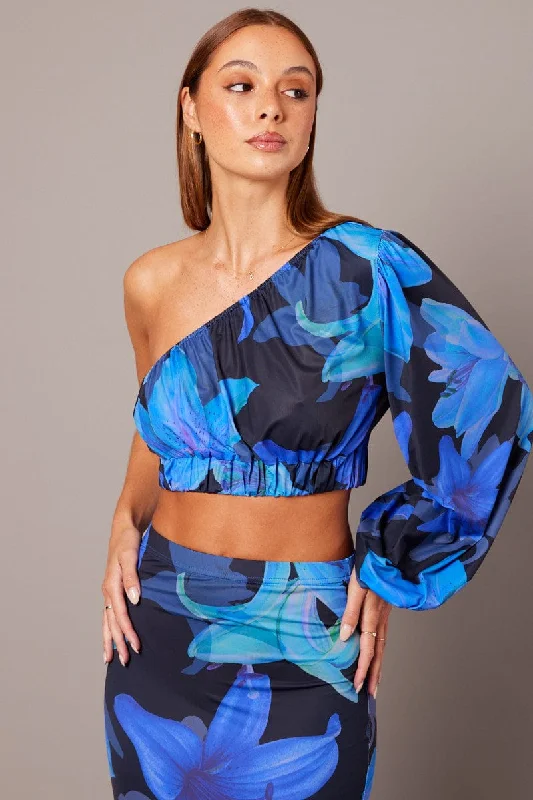 Blue Floral One Shoulder Top Balloon Sleeve Crop Top