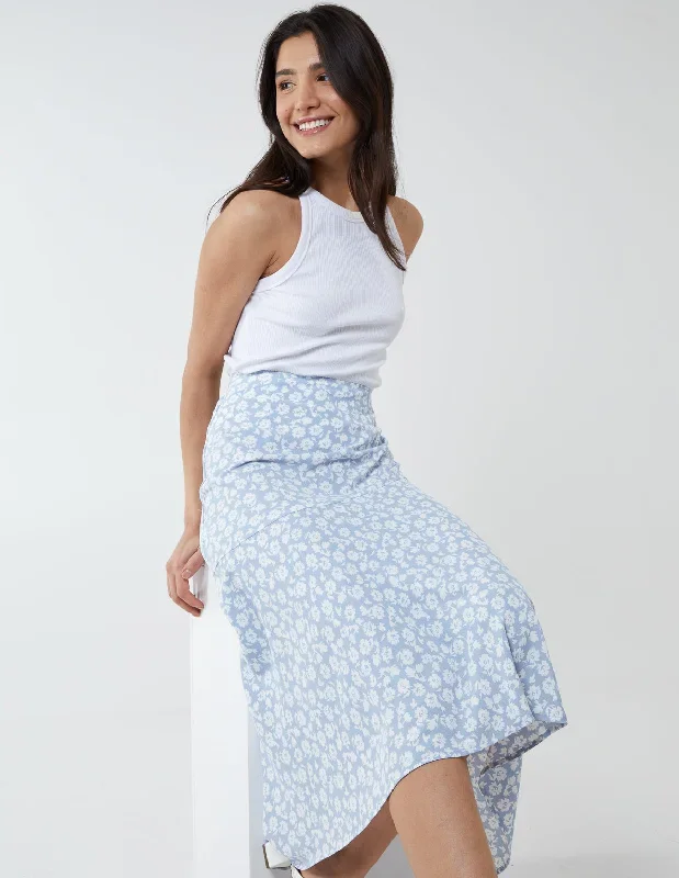 blue-floral-print-asymmetric-midi-skirt