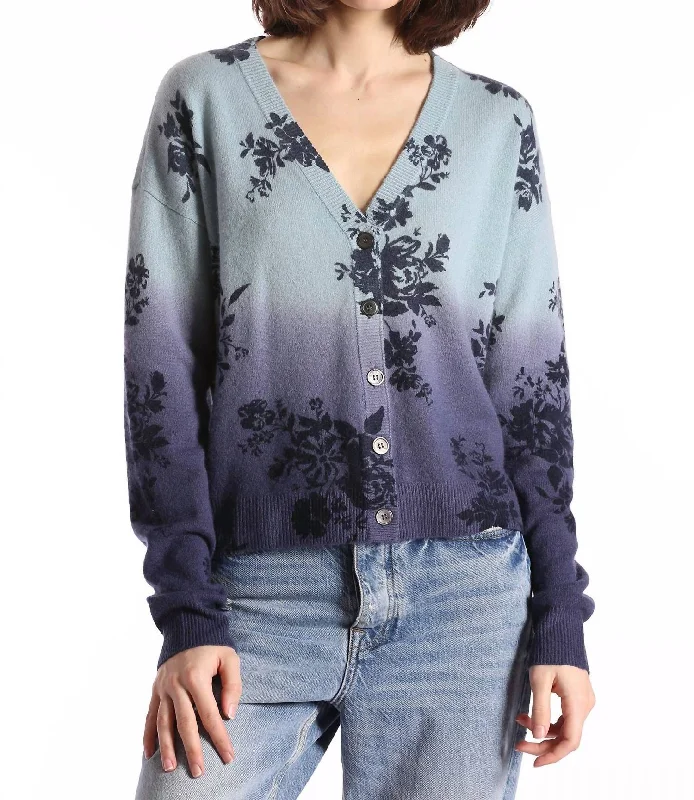 Cashmere Floral Dip Dye Cropped Cardigan In Fresco Blue Combo