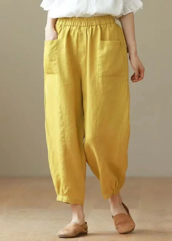 Casual Yellow Solid Elastic Waist Cotton Harem Pants Summer