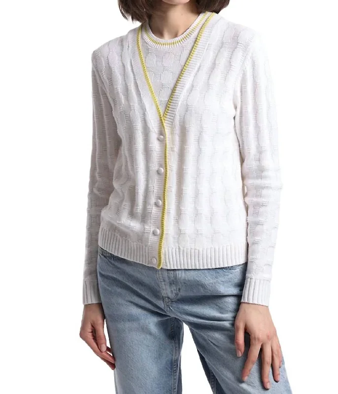 Cotton Cashmere Pickelball Stitch Cardigan In White/citron