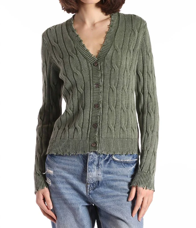 Cotton Stone Wash Distressed Cable Cardigan In Garden Grove