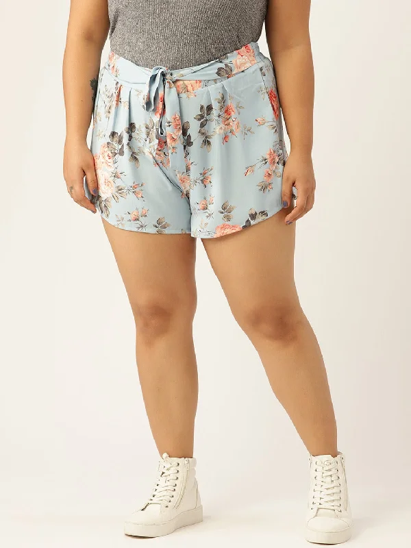 Berrylush Curve Women Blue & Pink Floral Printed High-Rise Shorts