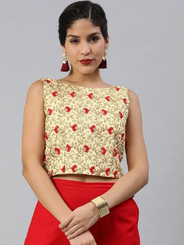 Women Gold-Toned Silk Blend Embroidered Crop Top