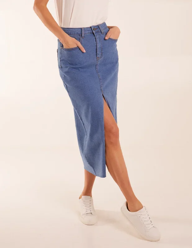 High Rise Denim Maxi Skirt