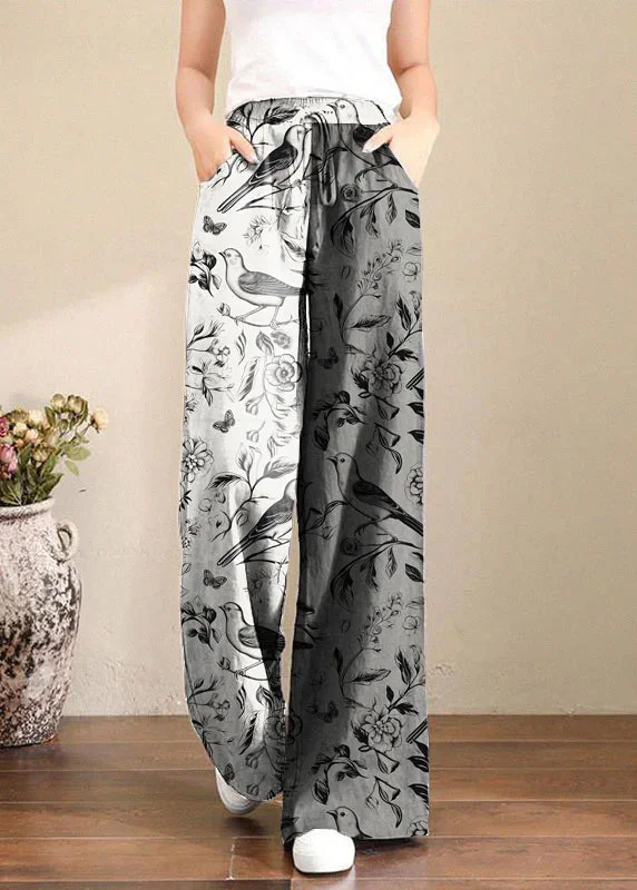 French Black bird Elastic Waist Pockets Linen Wide Leg Pants Summer