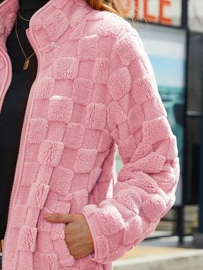 fuzzy-checkered-zip-up-jacket