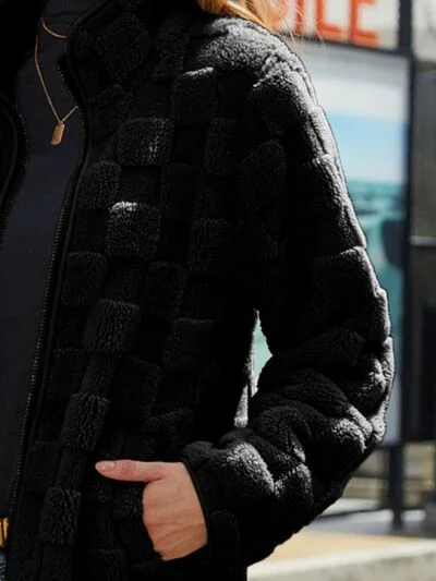 fuzzy-checkered-zip-up-jacket