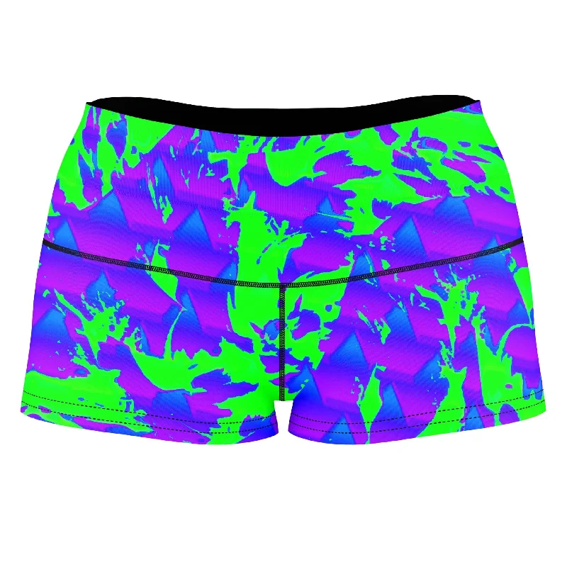 Green and Purple Hypno Splatter High-Waisted Women's Shorts