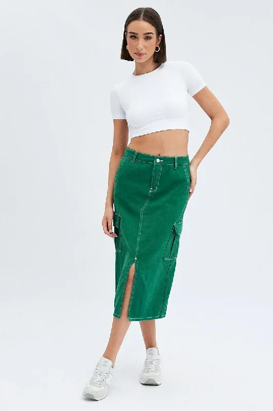 Green Midi Skirt Mid Rise A-line Cargo Contrast Stitch