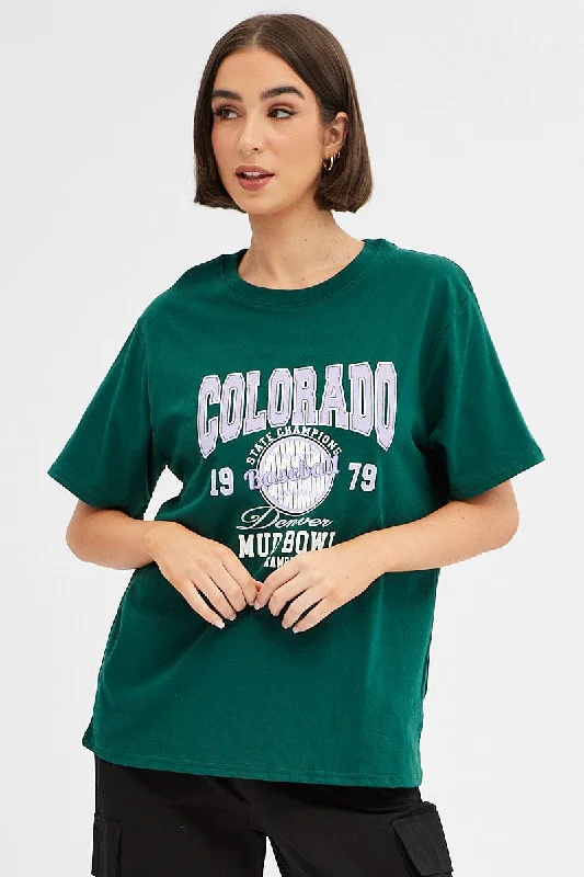 Green Tee Round Neck Short Sleeve Graphic Print