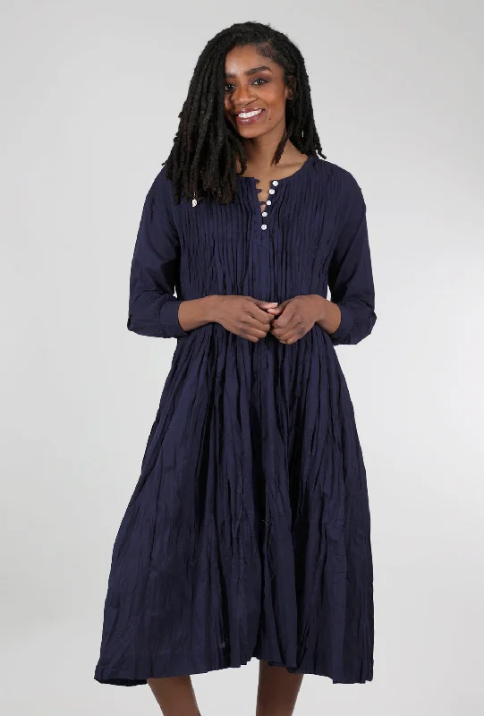 Micropleat Bodice Dress, Indigo