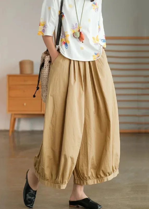 Khaki Solid Pockets Cotton Wide Leg Pants High Waist Summer