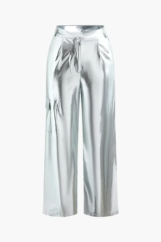 Metallic Flap Pocket Wide Leg Pants