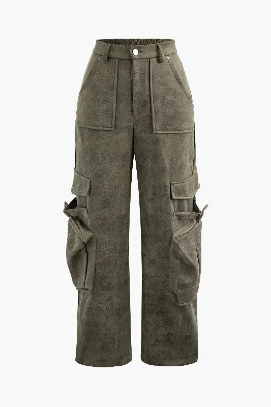 Faux Suede Multi Pocket Straight Leg Cargo Pants