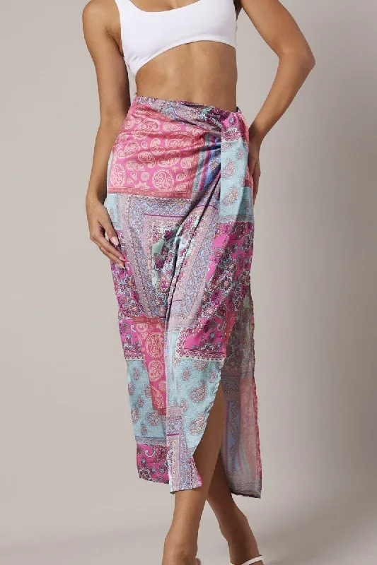 Multi Paisley Scarf Maxi Skirt Gathered Wrap Paisley Satin Skirt