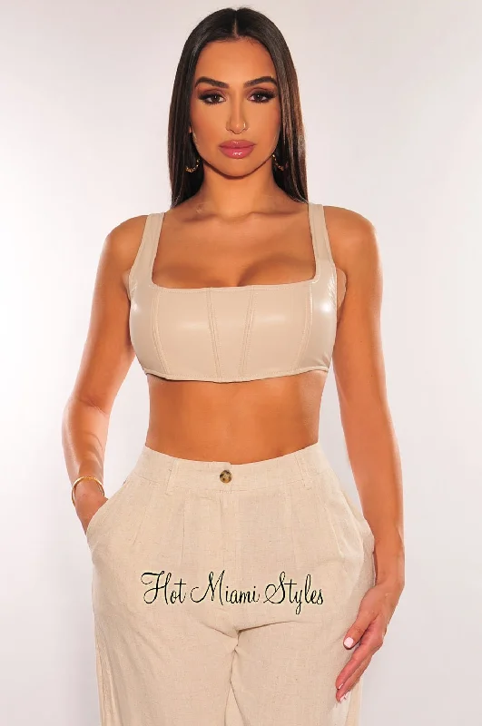 Nude Faux leather Round Neck Sleeveless Crop Top