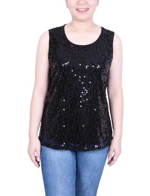 Sleeveless Sequined Tank Top With Combo Banding - Petite