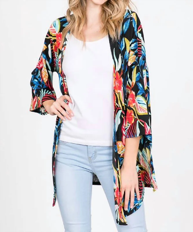 Open Cardigan With Side Slit In Tropical Floral