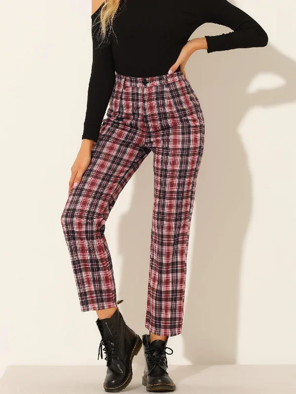 Plaid Cropped Trousers Button Casual Tartan Check Work Pants