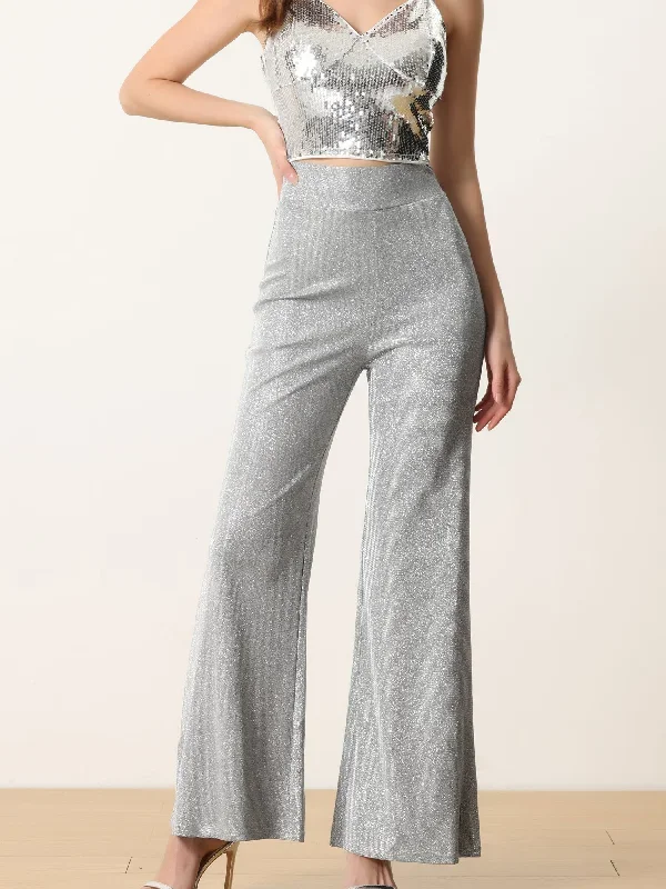 Women's Metallic Sparkly Wide Leg Pants High Waist Trousers Clubwear