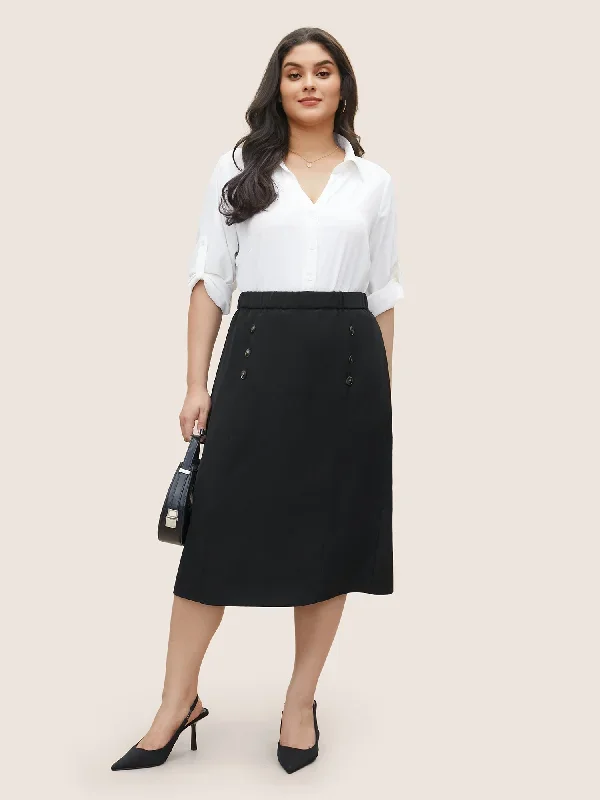 Plain Button Detail Pocket Elastic Waist Cropped Skirt