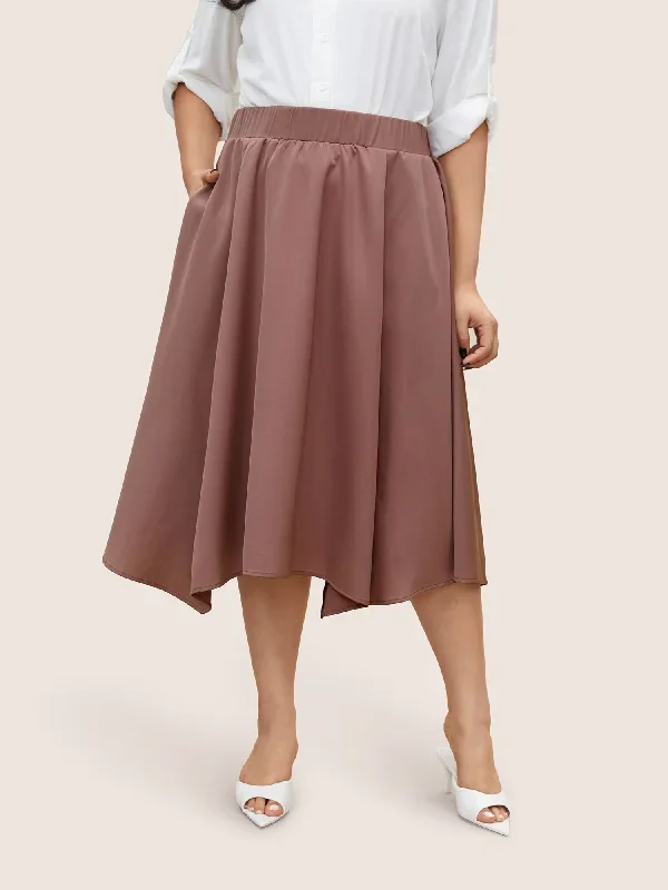 Plain Elastic Waist Hanky Hem Skirt