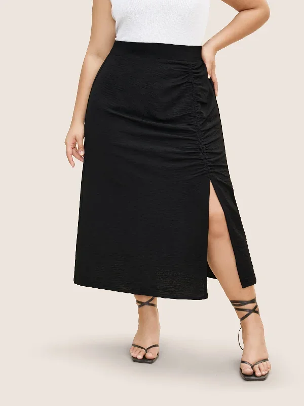 Plain Textured Slit Hem Gathered Skirt