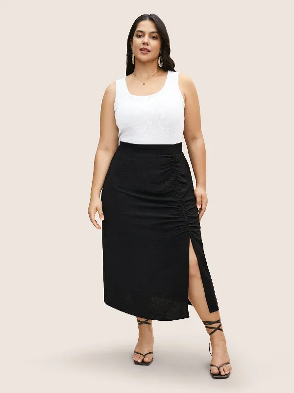 plain-textured-slit-hem-gathered-skirt