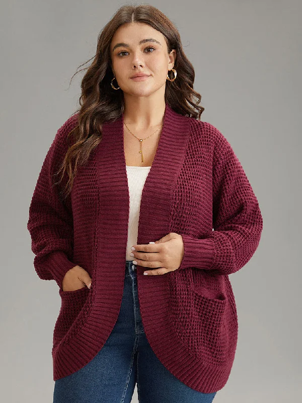 Plisse Patched Pocket Curved Hem Open Front Cardigan