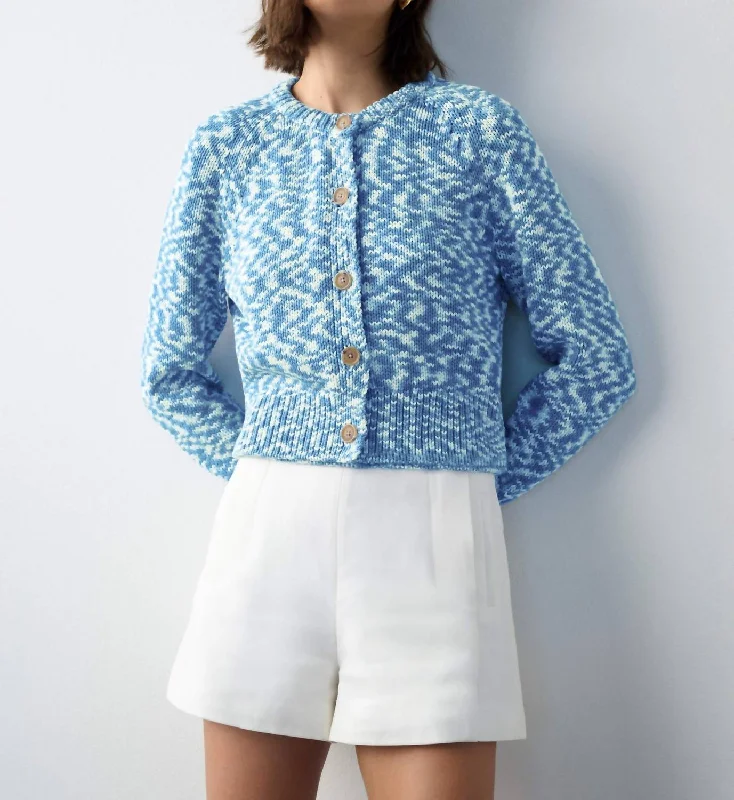 Printed Cotton Rope Crewneck Cardigan In Blue